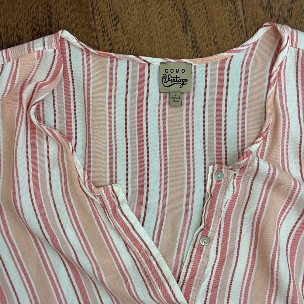 Como Vintage Blush and White Striped Lightweight Tie Front Top